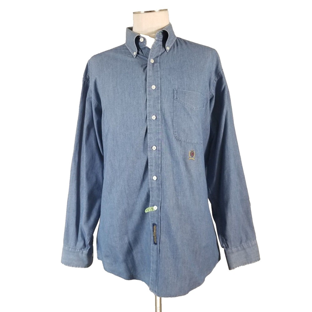 Tommy Hilfiger Denim Shirt Men L Blue Crest Button Down Vintage 90s Long Sleeve